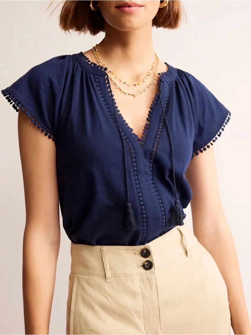 Boden Millie Trim Detail Top Split V Neck Short sleeve Blouse Navy Pom Pom Trim